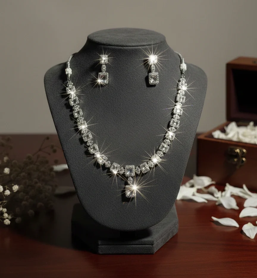 Regal Radiance: Emerald-Cut American Diamond Necklace & Drop Earring Set in Rhodium Finish