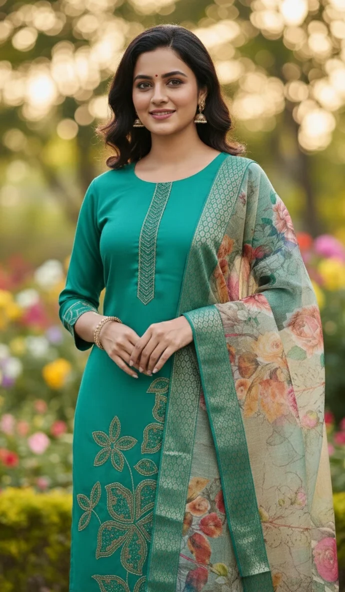 Embroidered Silk Straight Kurta with Floral Organza Dupatta - Image 4