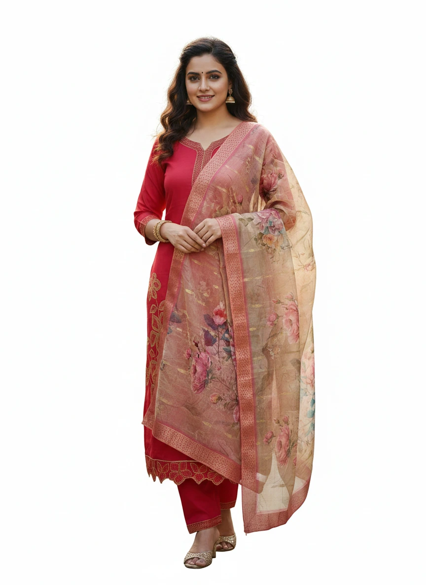 Embroidered Silk Straight Kurta with Floral Organza Dupatta