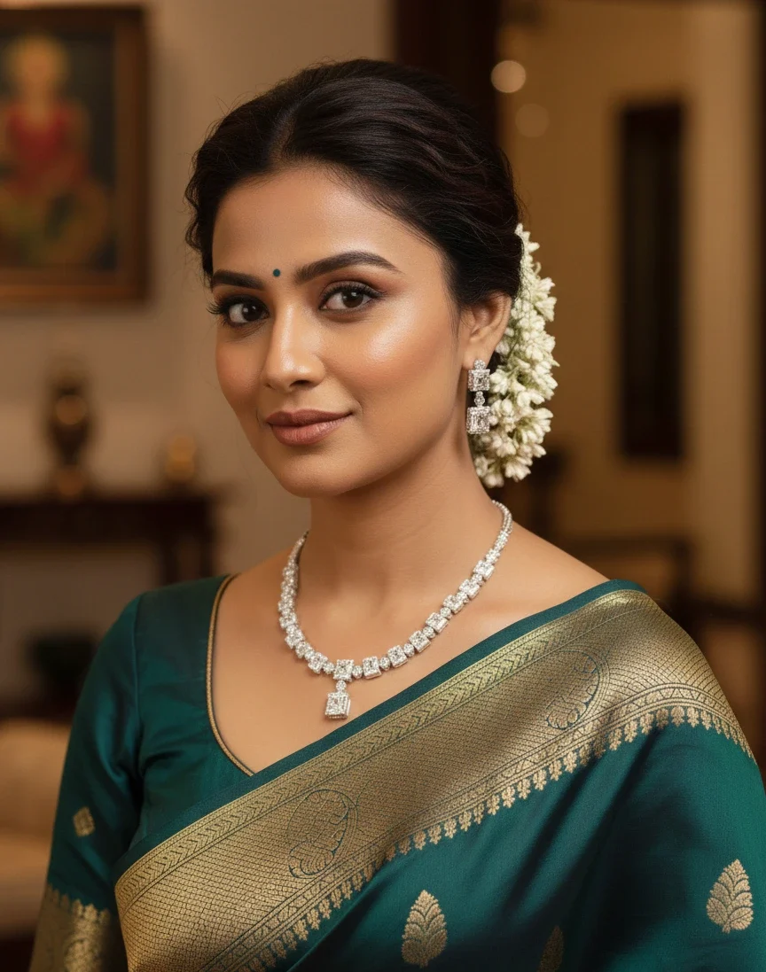 Regal Radiance: Emerald-Cut American Diamond Necklace & Drop Earring Set in Rhodium Finish - Image 3