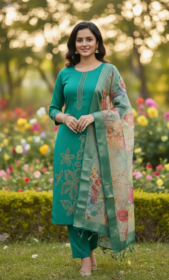 Embroidered Silk Straight Kurta with Floral Organza Dupatta - Image 3