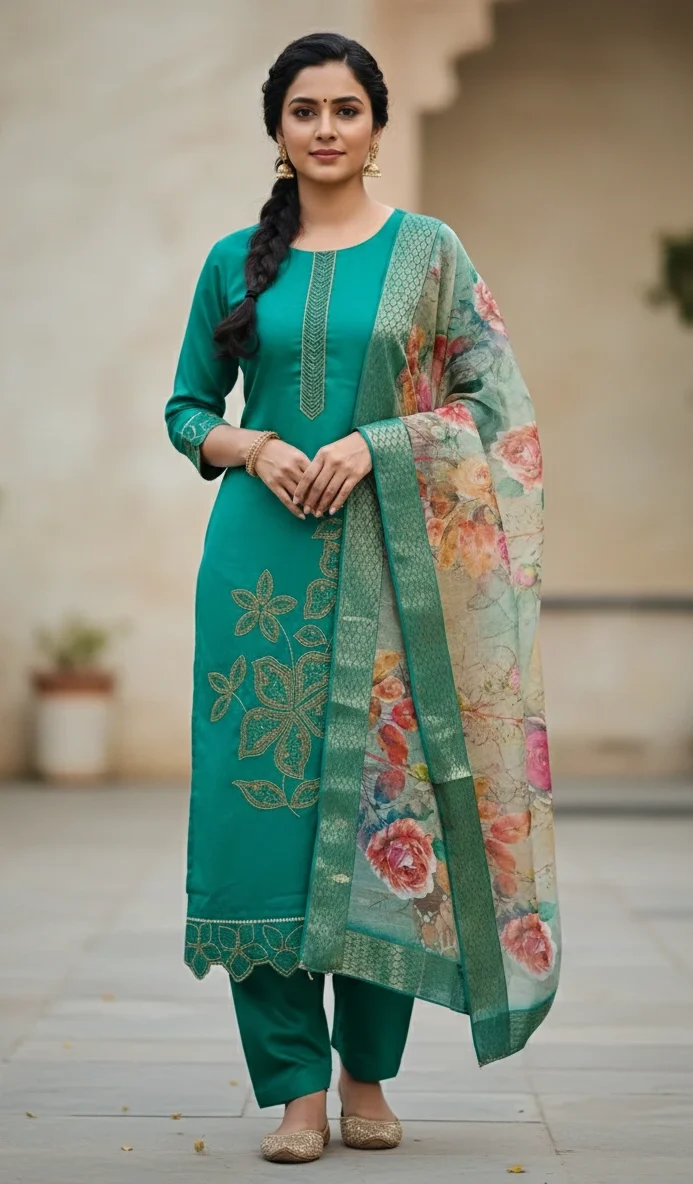 Embroidered Silk Straight Kurta with Floral Organza Dupatta - Image 6