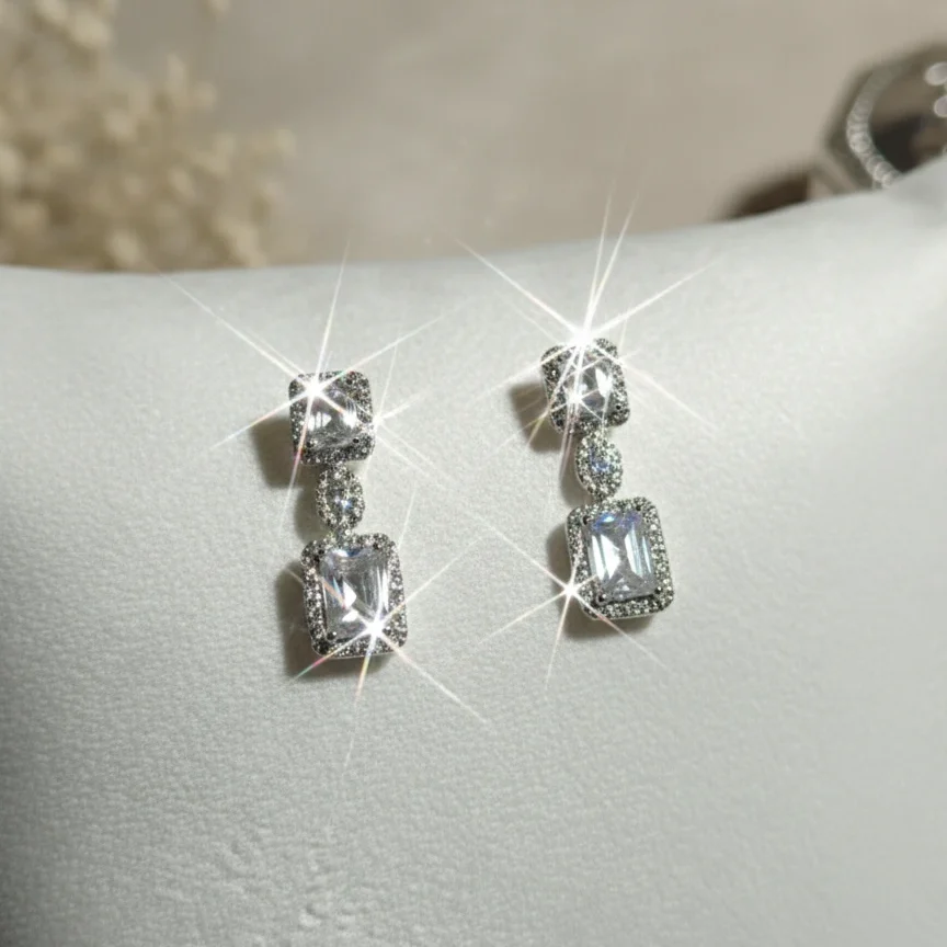 Regal Radiance: Emerald-Cut American Diamond Necklace & Drop Earring Set in Rhodium Finish - Image 2