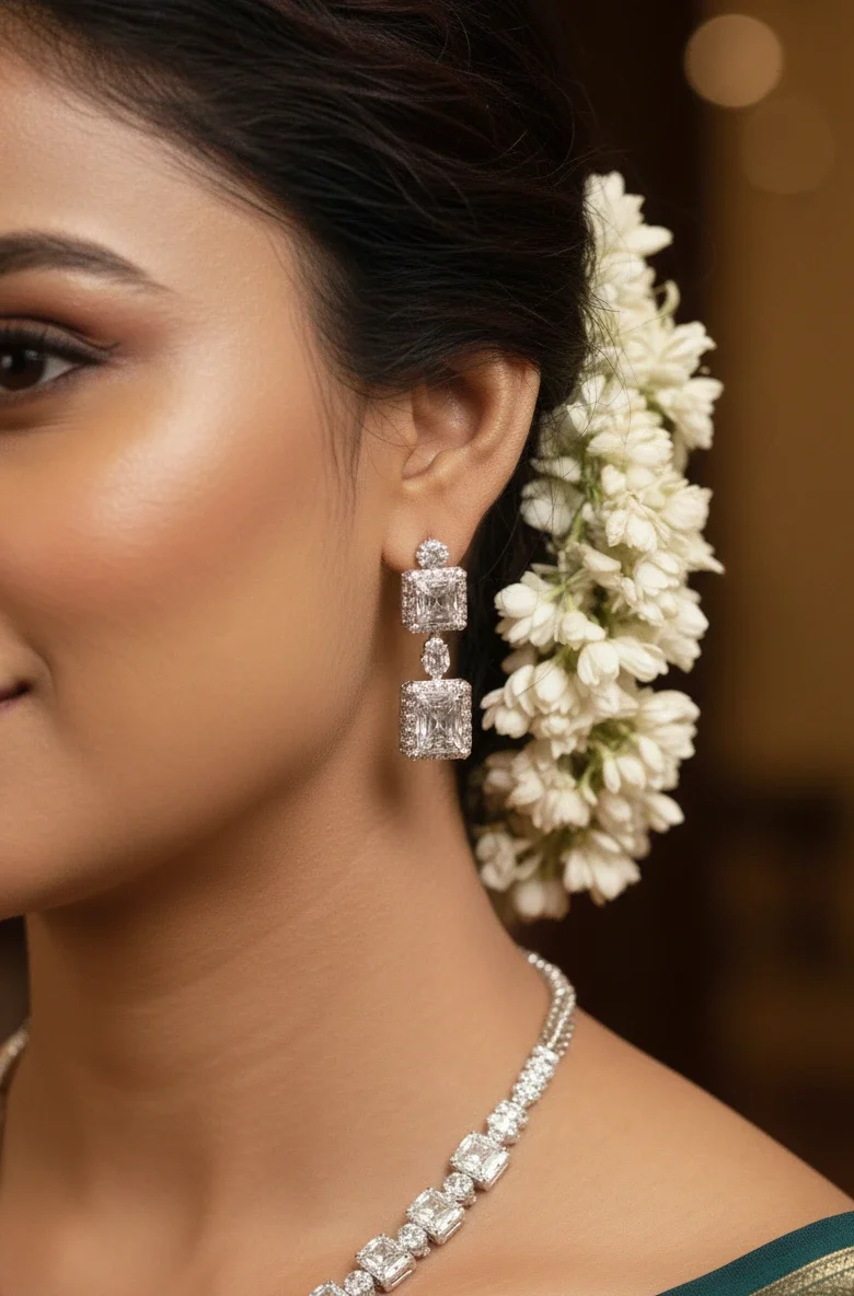 Regal Radiance: Emerald-Cut American Diamond Necklace & Drop Earring Set in Rhodium Finish - Image 4