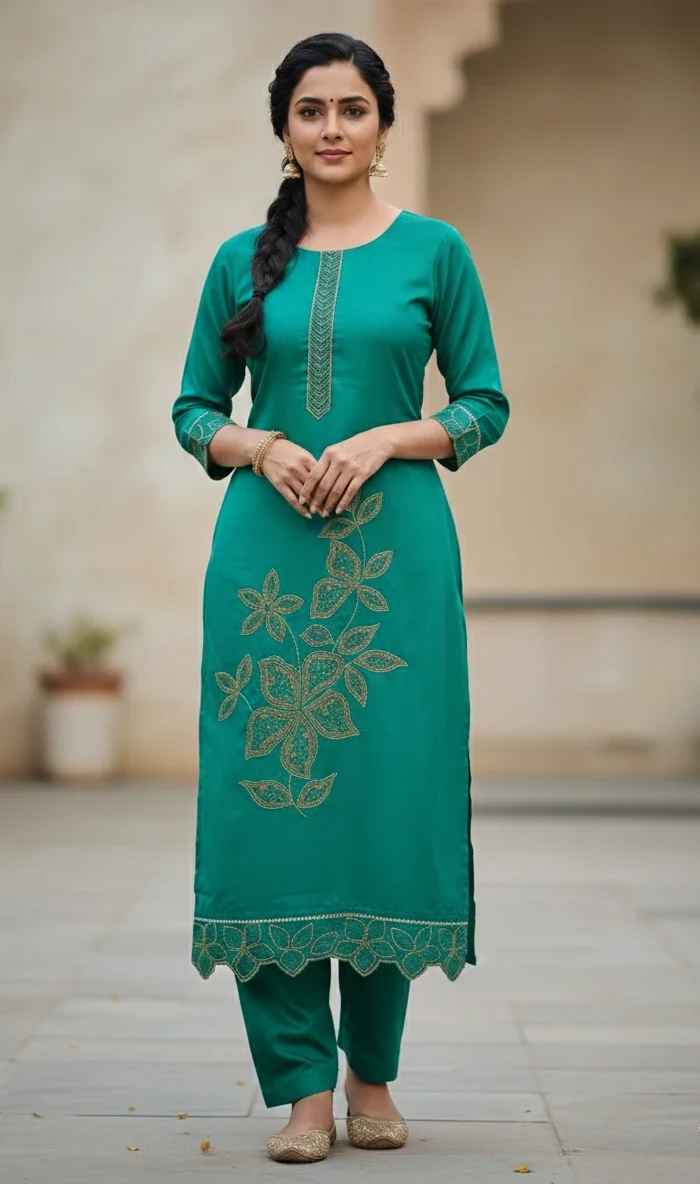 Embroidered Silk Straight Kurta with Floral Organza Dupatta - Image 5