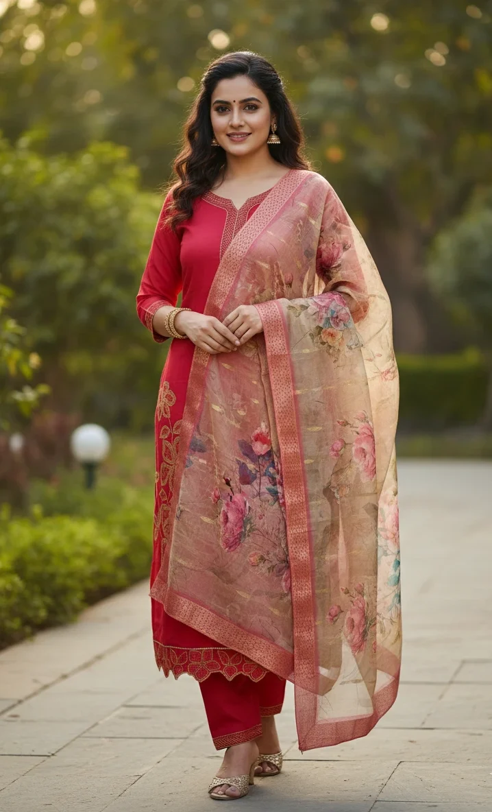 Embroidered Silk Straight Kurta with Floral Organza Dupatta - Image 2