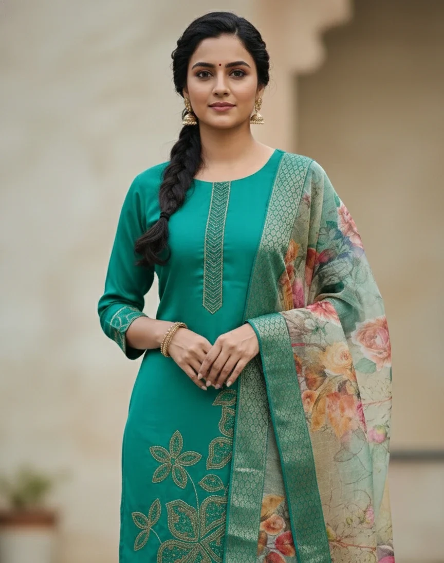 Embroidered Silk Straight Kurta with Floral Organza Dupatta - Image 7