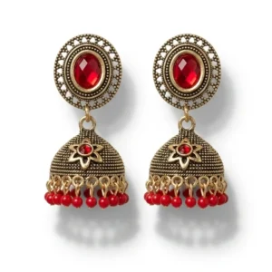 Antique Gold-Plated Red Stone Jhumka Earrings with Bead Droplets