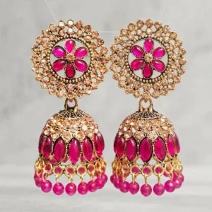 Royal Pink Kundan Floral Jhumka Earrings