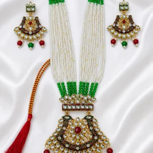 Green Beaded Kundan Bridal Long Necklace Set with Earrings & Dori Tassel