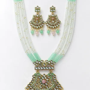 Mint Green Kundan Long Necklace Set with Earrings