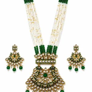 Green Kundan Bridal Long Necklace Set with Pearl Mala & Earrings