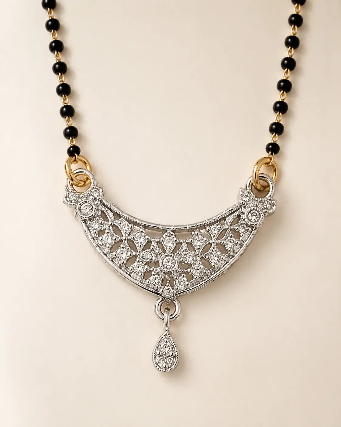 Designer Silver Tone Mangalsutra Pendant Necklace with Black Beads for Women