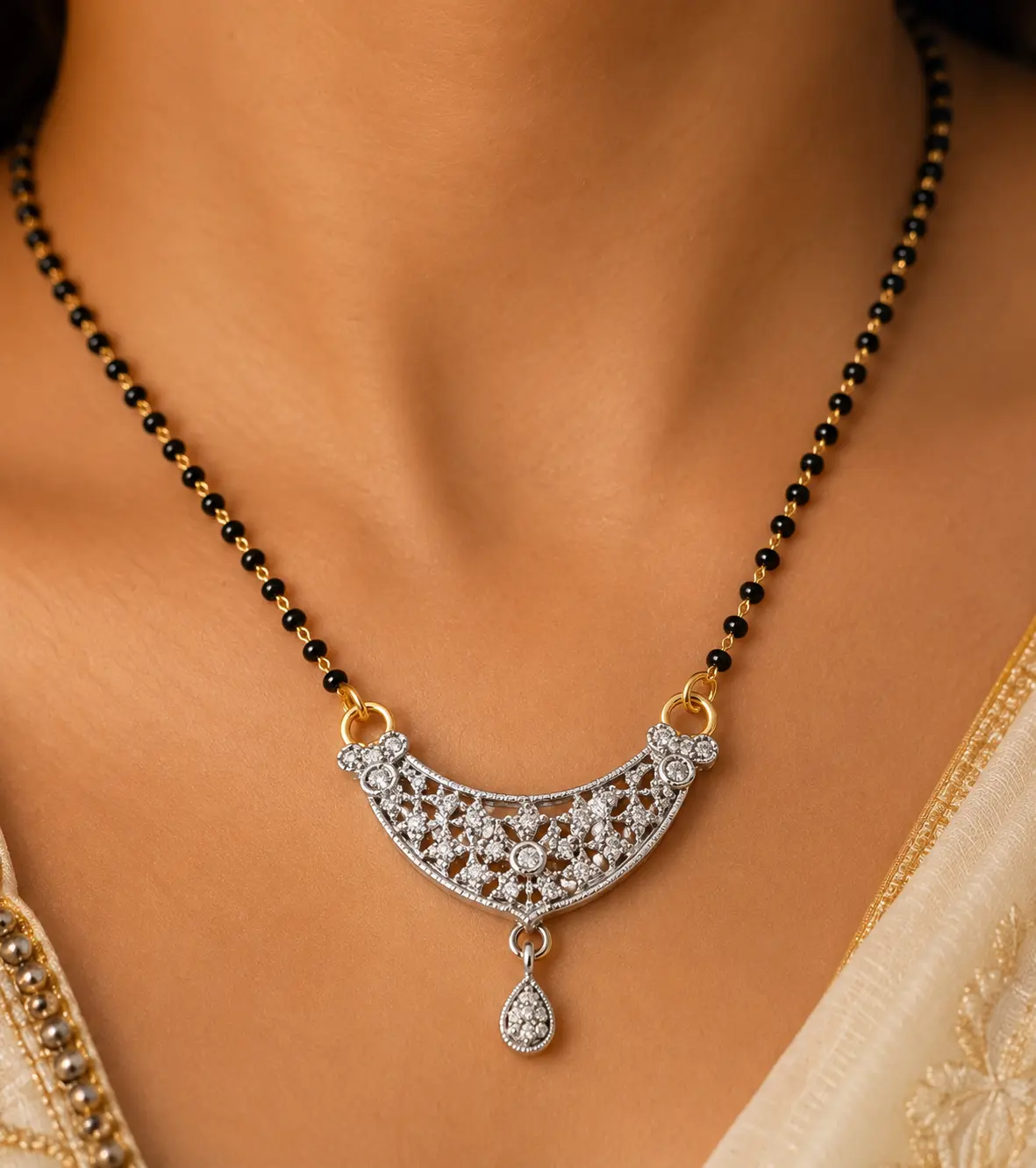 Designer Silver Tone Mangalsutra Pendant Necklace with Black Beads for Women