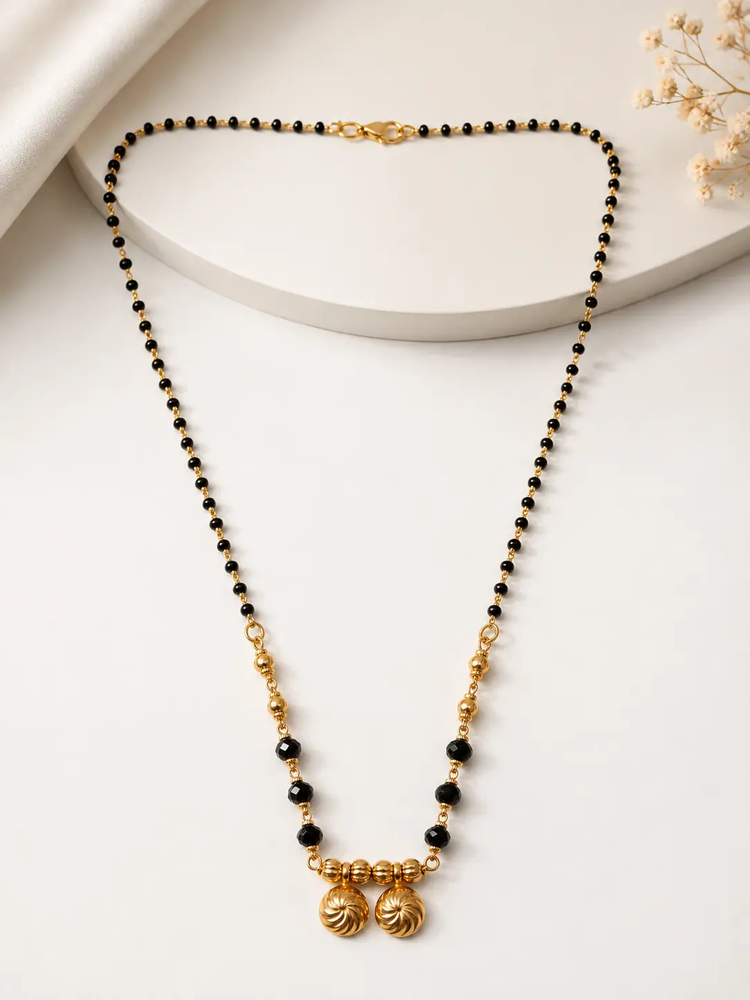 Gold Plated Traditional Black Beads Mangalsutra for Women with Double Round Pendant Design