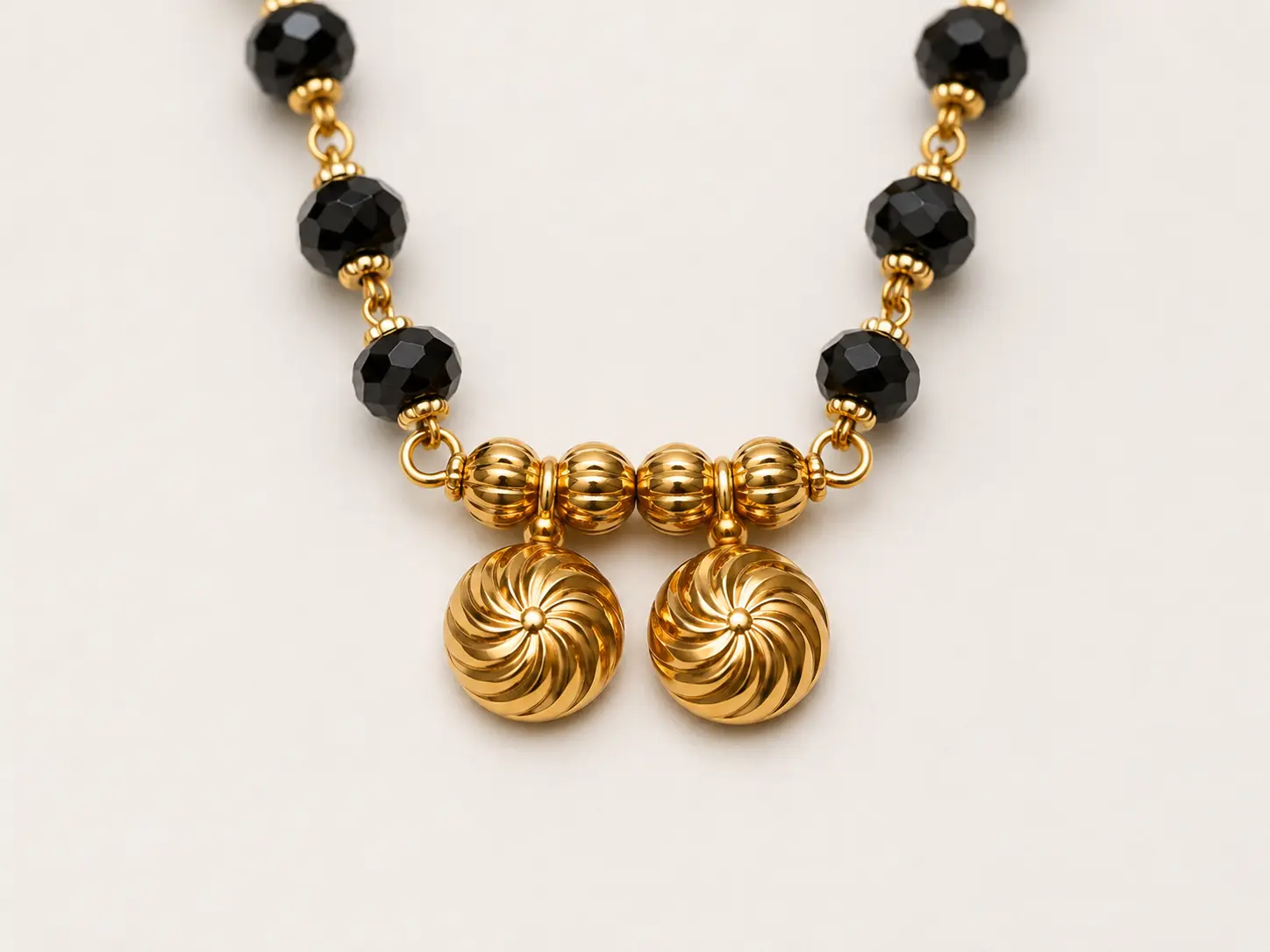 Gold Plated Traditional Black Beads Mangalsutra for Women with Double Round Pendant Design