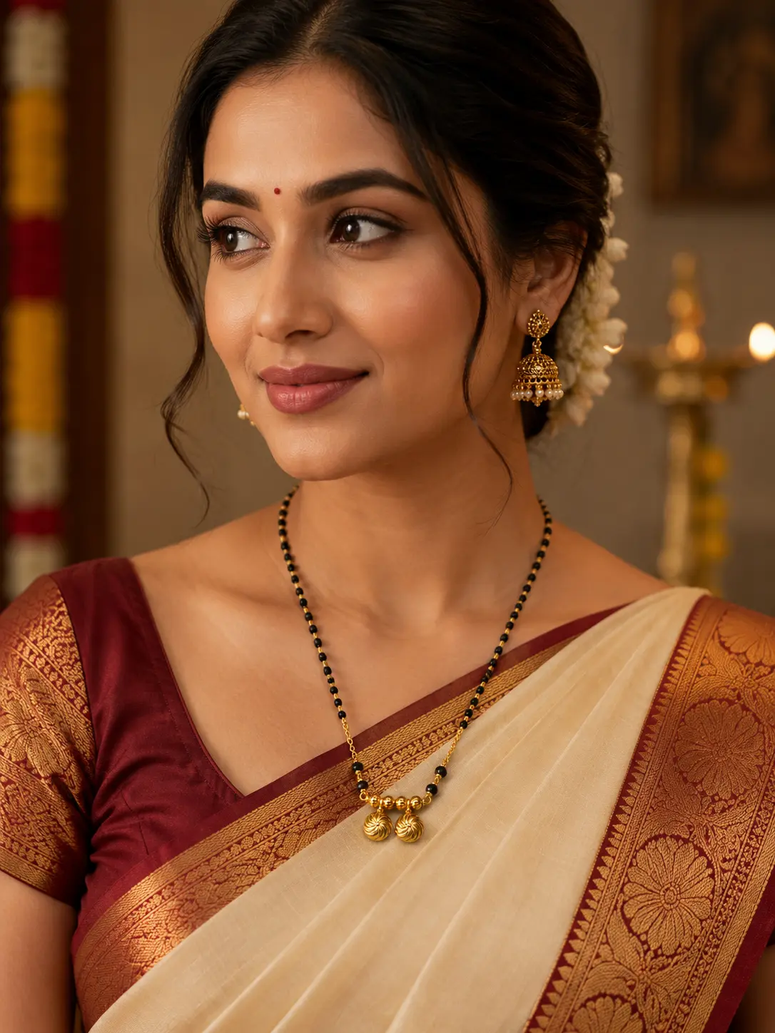 Gold Plated Traditional Black Beads Mangalsutra for Women with Double Round Pendant Design