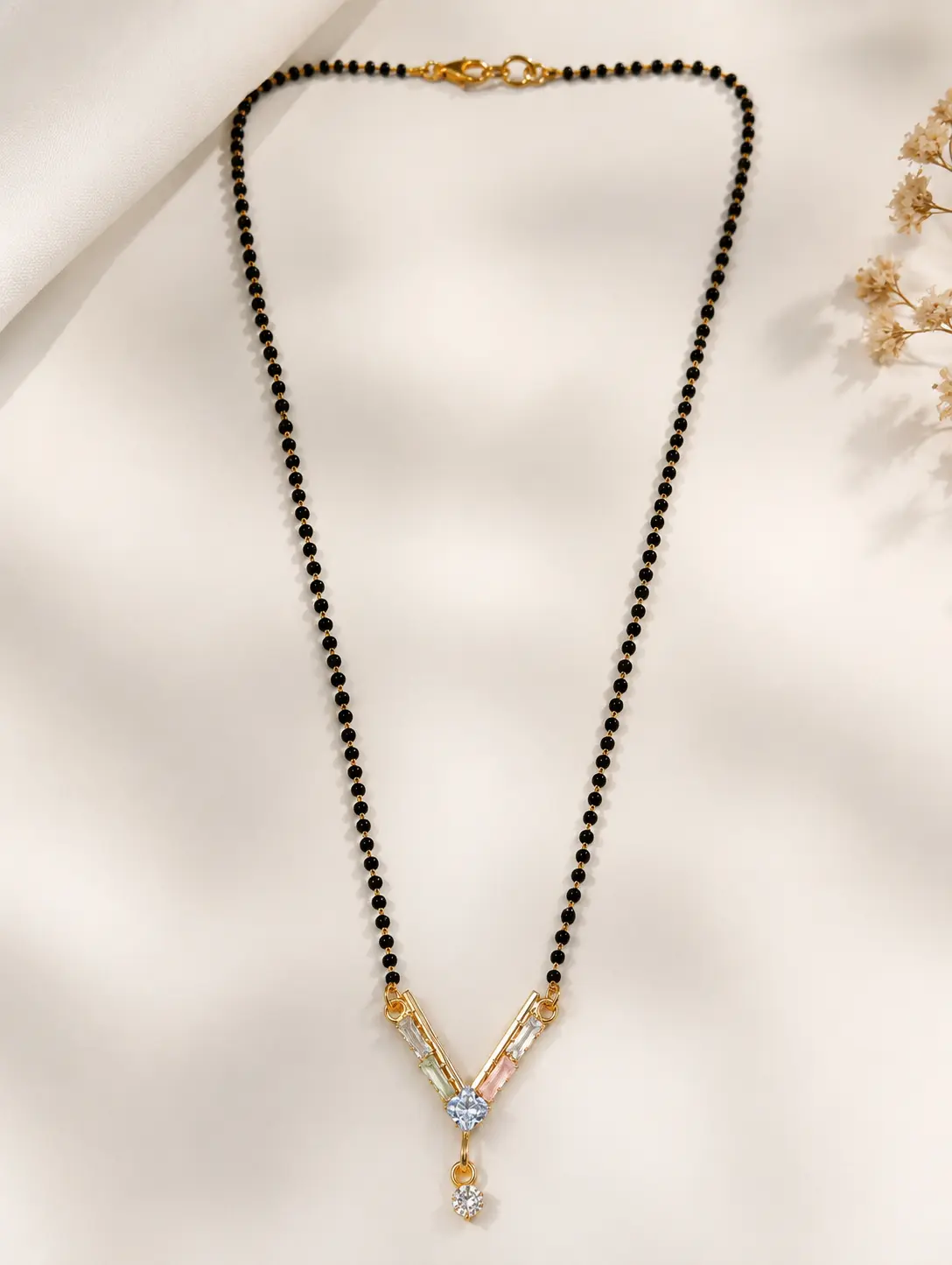 Modern V Shape Stone Mangalsutra with Black Beads for Women