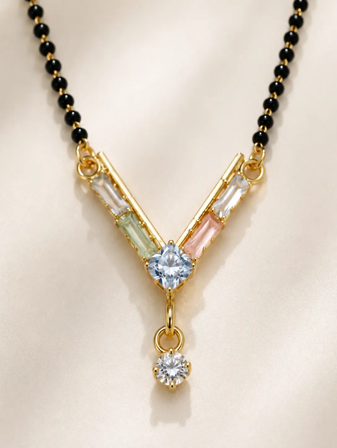 Modern V Shape Stone Mangalsutra with Black Beads for Women