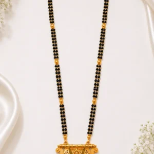 Gold Plated Traditional Black Beads Mangalsutra for Women with Designer Temple Pendant