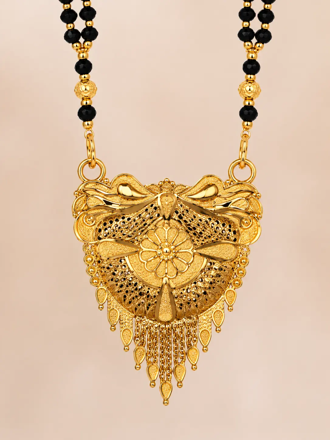 Gold Plated Traditional Black Beads Mangalsutra for Women with Designer Floral Pendant