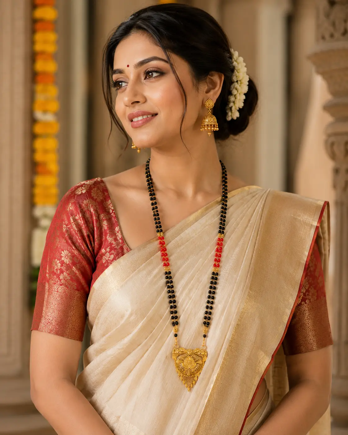 Gold Plated Traditional Black Beads Mangalsutra for Women with Designer Floral Pendant