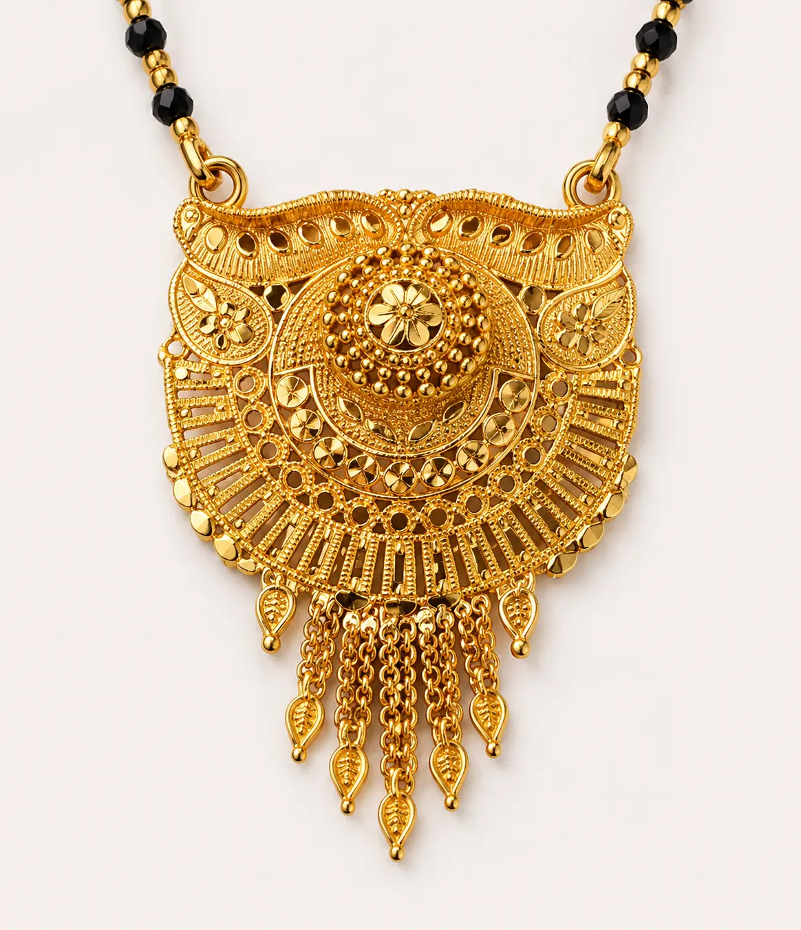 Gold Plated Traditional Black Beads Mangalsutra for Women with Designer Tassel Pendant