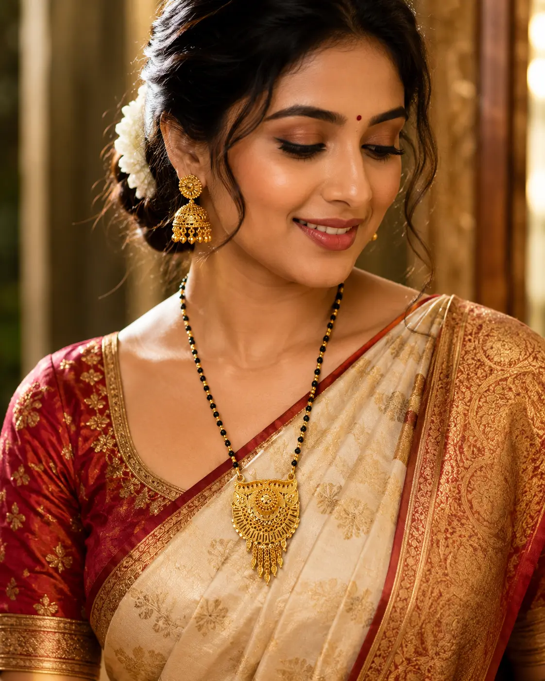 Gold Plated Traditional Black Beads Mangalsutra for Women with Designer Tassel Pendant
