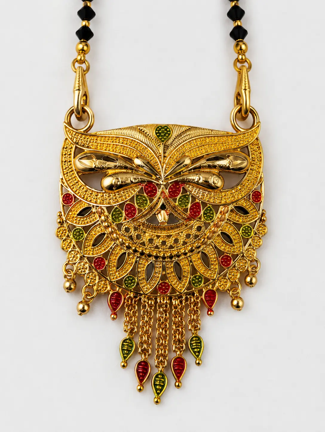 Gold Plated Traditional Black Beads Mangalsutra with Designer Peacock Tassel Pendant