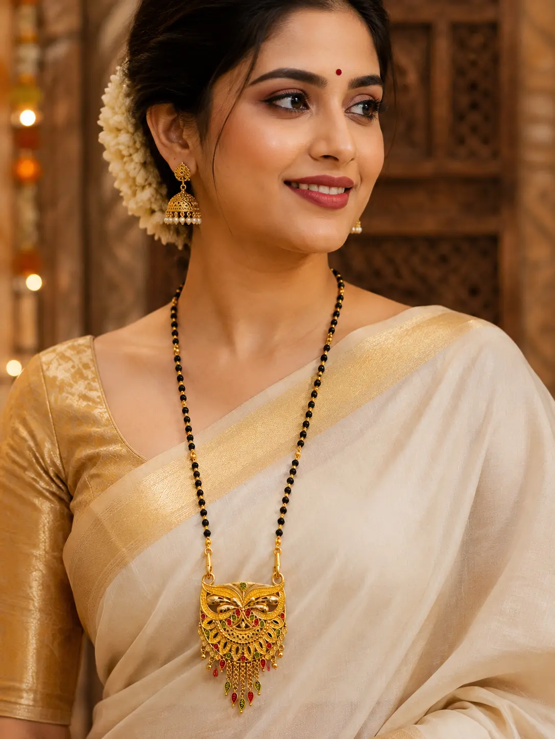 Gold Plated Traditional Black Beads Mangalsutra with Designer Peacock Tassel Pendant
