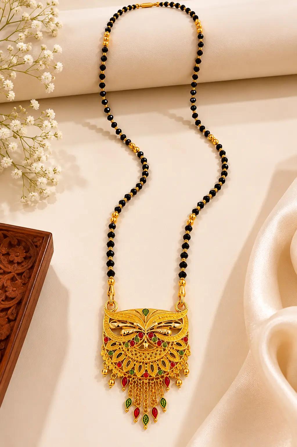 Gold Plated Traditional Black Beads Mangalsutra with Designer Peacock Tassel Pendant