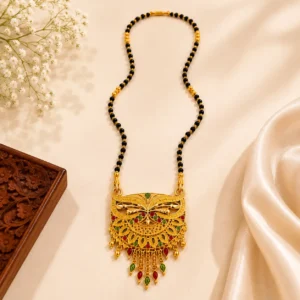 Gold Plated Traditional Black Beads Mangalsutra with Designer Peacock Tassel Pendant