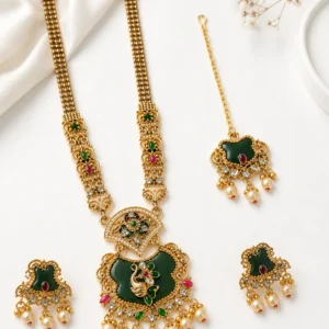 Green Kundan Bridal Necklace Set with Maang Tikka & Earrings