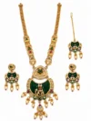 Bridal Temple Necklace Set with Green Stones & Pearl Drops | Antique Gold Long Haar with Earrings & Maang Tikka