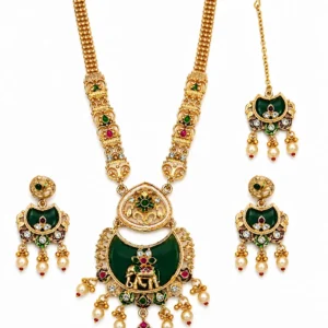 Bridal Temple Necklace Set with Green Stones & Pearl Drops | Antique Gold Long Haar with Earrings & Maang Tikka