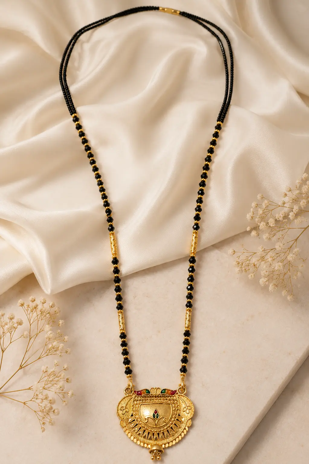Traditional Gold Plated Black Beads Mangalsutra Necklace with Antique Designer Pendant for Women
