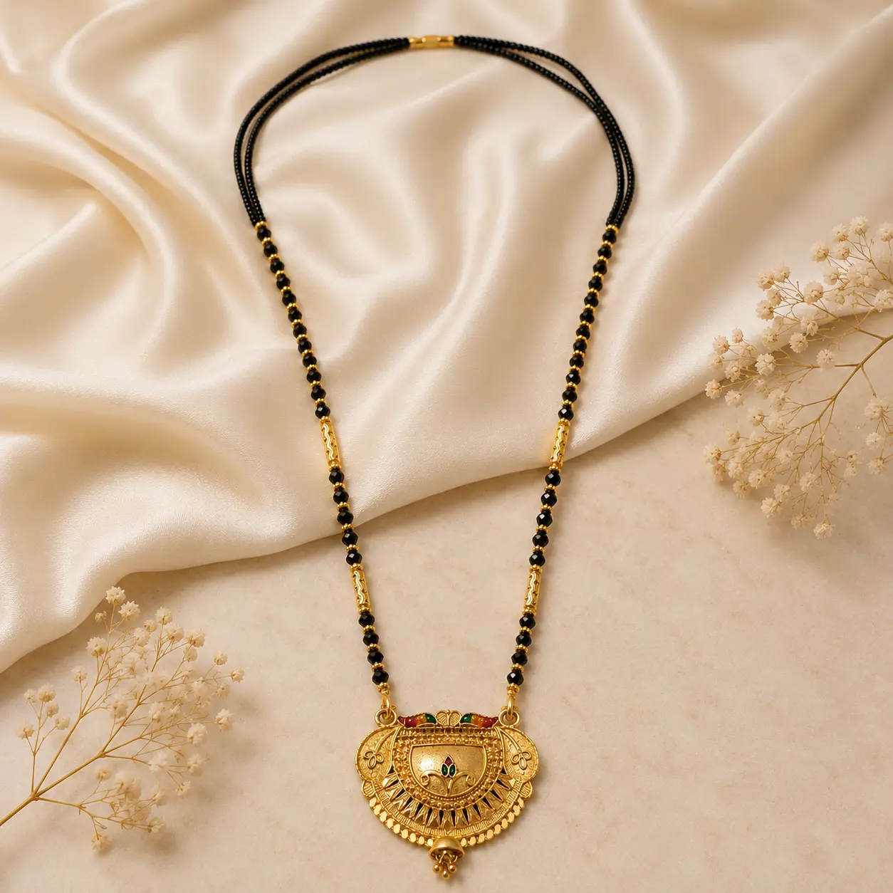 Traditional Gold Plated Black Beads Mangalsutra Necklace with Antique Designer Pendant for Women