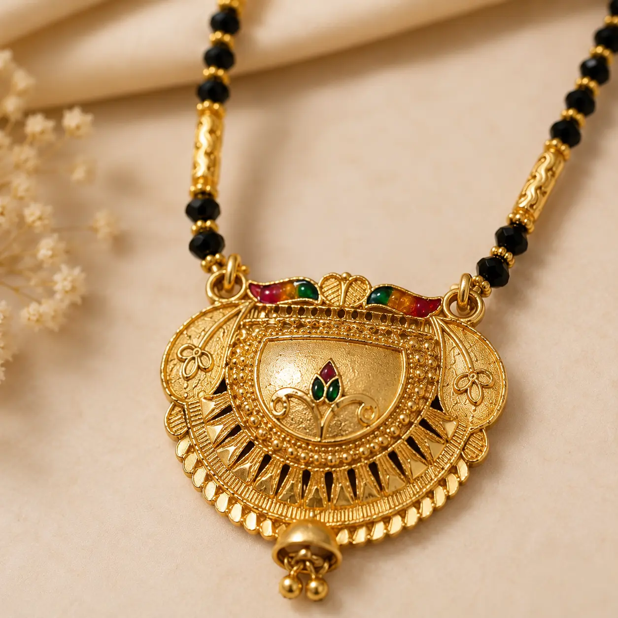 Traditional Gold Plated Black Beads Mangalsutra Necklace with Antique Designer Pendant for Women