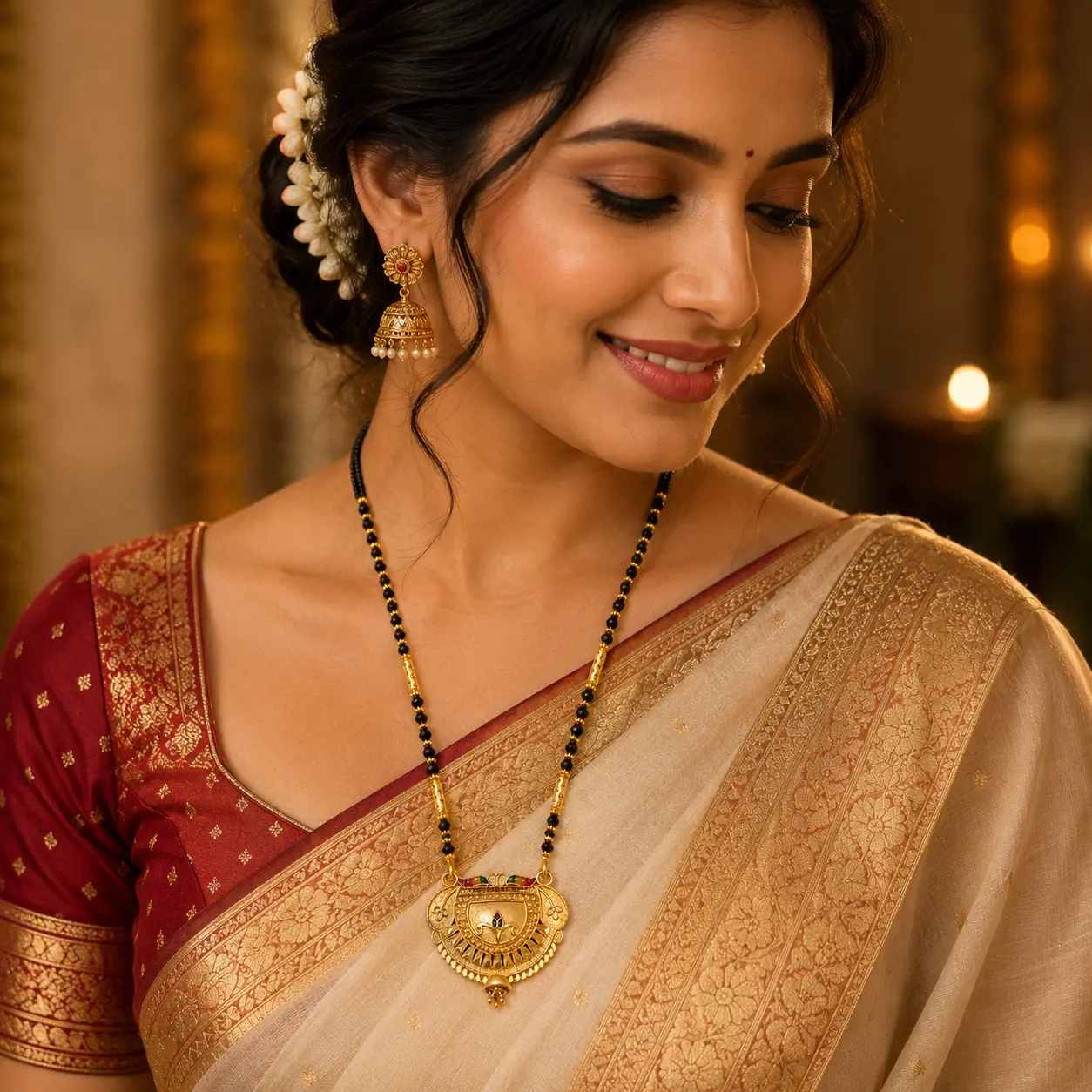 Traditional Gold Plated Black Beads Mangalsutra Necklace with Antique Designer Pendant for Women