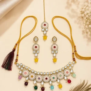 Multicolor Kundan Choker Necklace Set with Earrings & Maang Tikka for Women