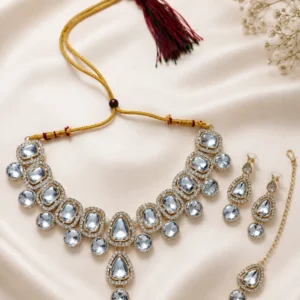 White Stone Kundan Choker Necklace Set with Earrings & Maang Tikka for Women