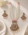Blush Pink Kundan Bridal Long Necklace Set with Pearl Beads & Earrings