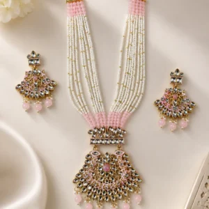 Blush Pink Kundan Bridal Long Necklace Set with Pearl Beads & Earrings