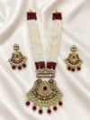 Maroon Kundan Bridal Long Necklace Set with Pearl Mala & Heavy Pendant