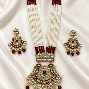 Maroon Kundan Bridal Long Necklace Set with Pearl Mala & Heavy Pendant