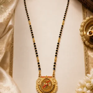 Traditional Gold Plated Black Beads Mangalsutra with Antique Designer Pendant for Women