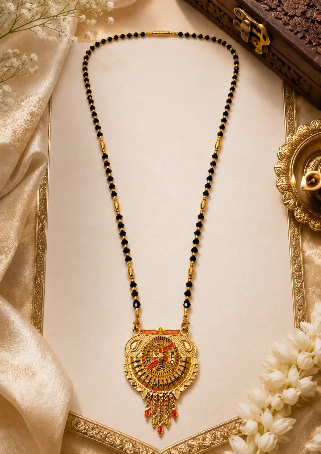 Traditional Gold Plated Black Beads Mangalsutra with Antique Designer Pendant for Women