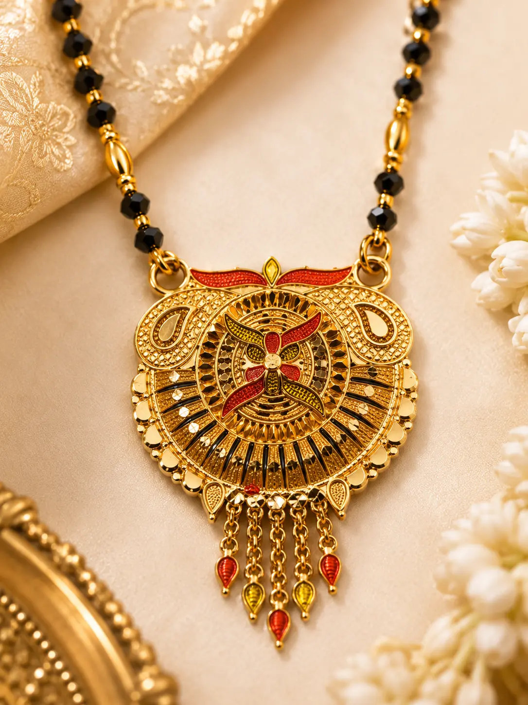 Traditional Gold Plated Black Beads Mangalsutra with Antique Designer Pendant for Women