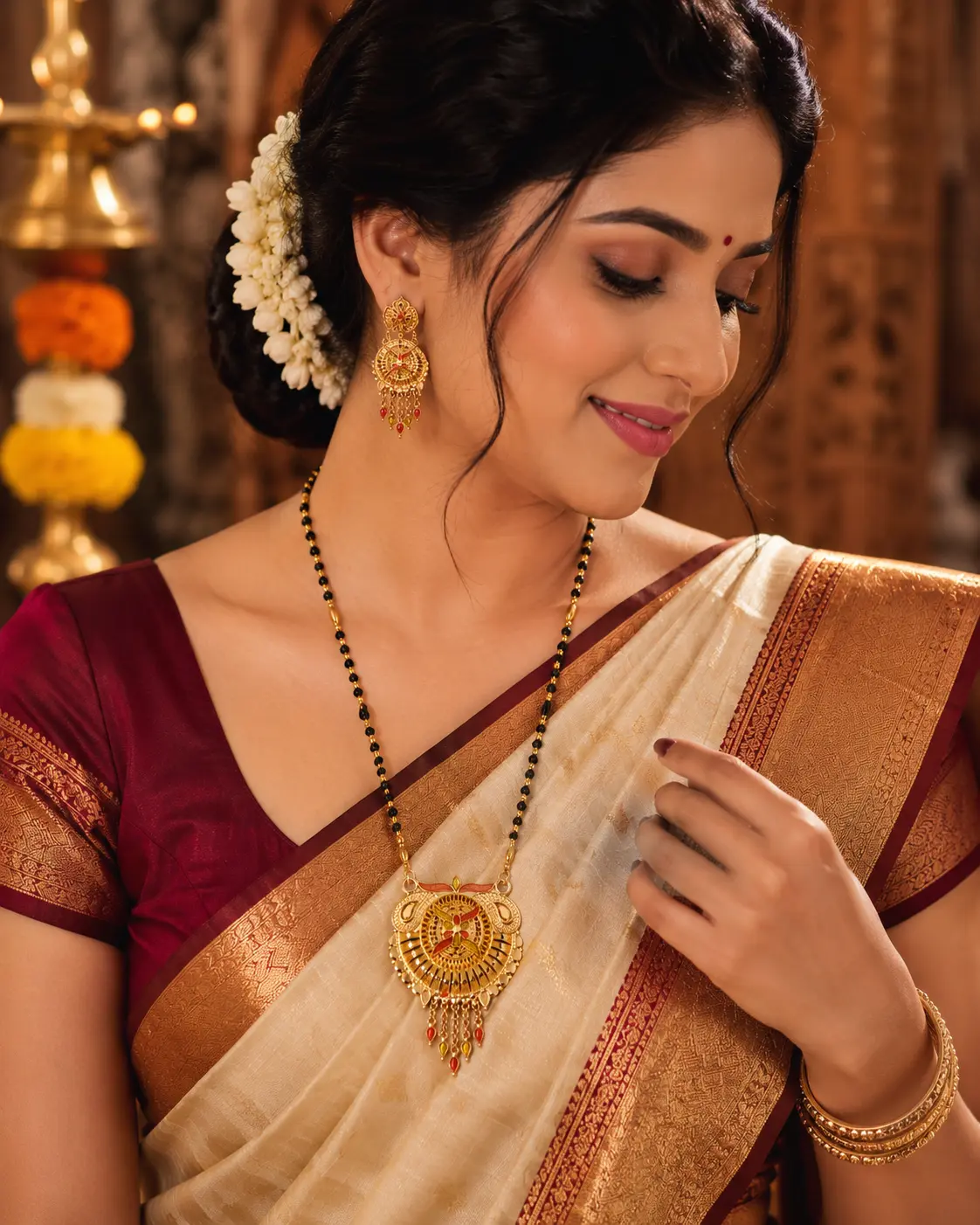Traditional Gold Plated Black Beads Mangalsutra with Antique Designer Pendant for Women