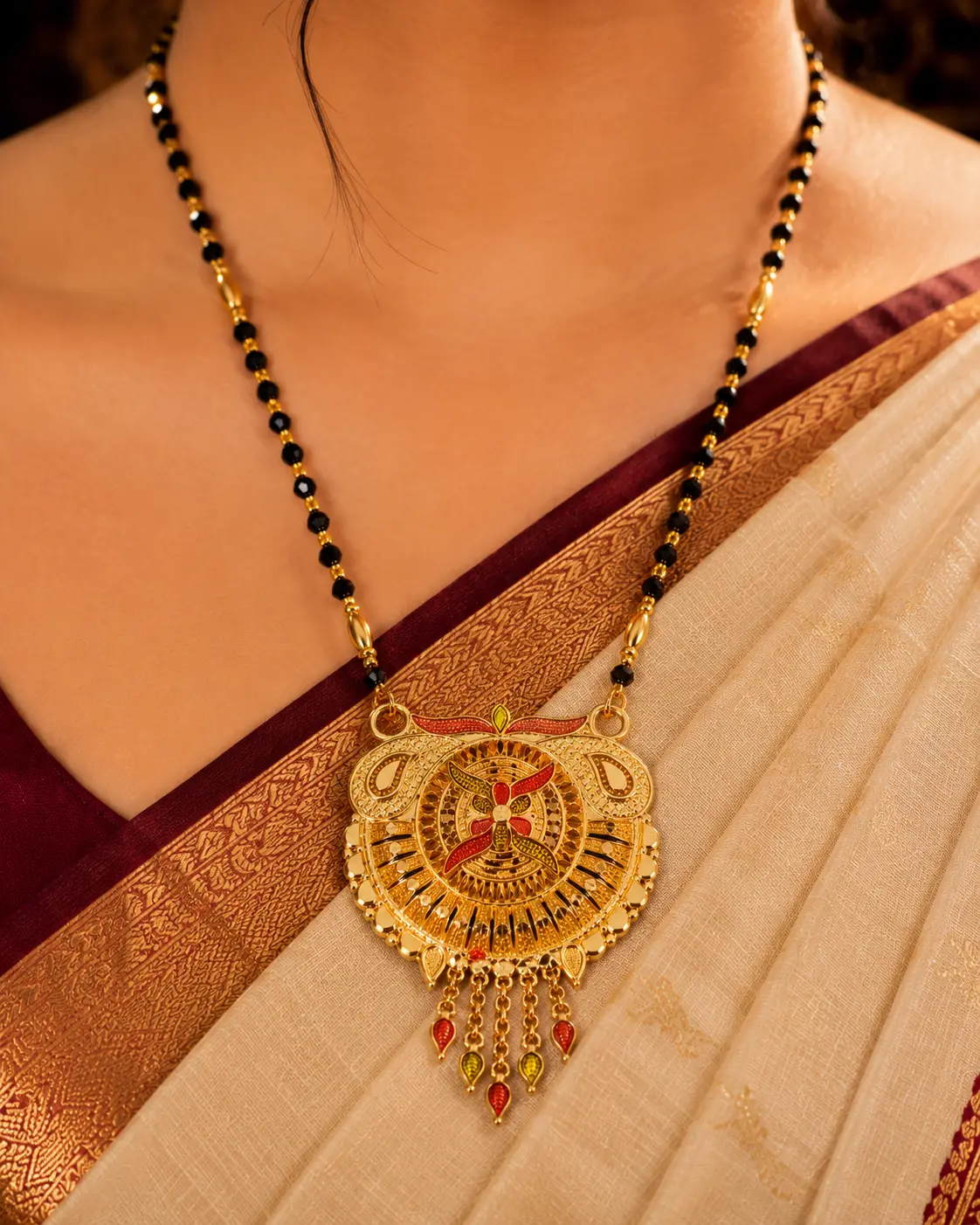 Traditional Gold Plated Black Beads Mangalsutra with Antique Designer Pendant for Women